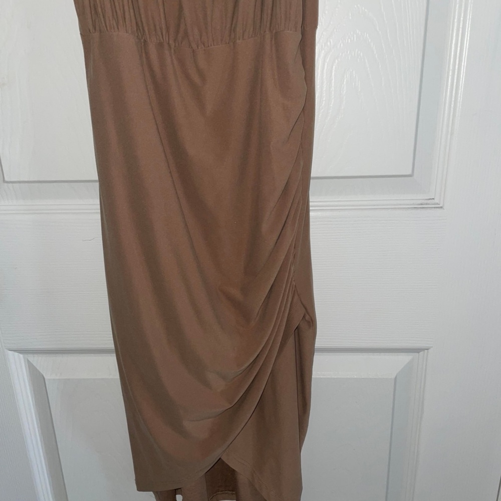 Tan Ruched High Neck Dress - Picture 3 of 8